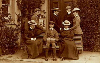 Family group with dog on a bench at Spean Lodge, c.1890s