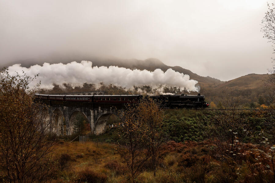 The Jacobite steam train, made famous by the Harry Potter films, crossing the Glenfinnan Viaduct